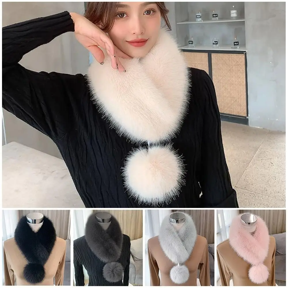 

Winter Thicken Soft Warm with Pompom Artificial Wool Bib Imitation Fur Scarf Women Scarf Fur Collar