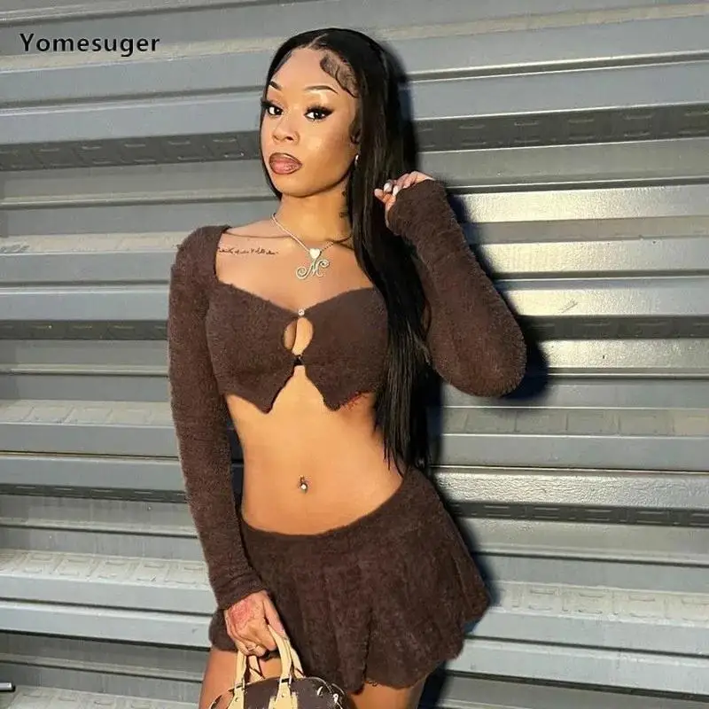 

Yomesuger Furry Women's Set Long Sleeve Crop Top and Pleated Mini Skirt 2023 Fall Winter Fashion Matched Two Piece Sets Outfits