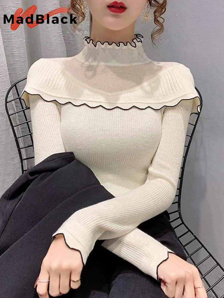 

MadBlack Winter Sweaters Women Fashion Patchwork Half Turtleneck Knitted Pullover Lady High Elastic Slim Knitwear T20901S