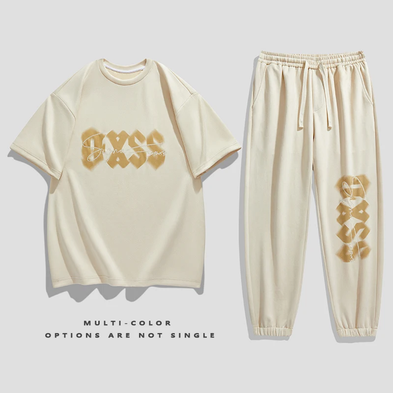 Summer Faux Suede Short Sleeve T-Shirt Letter Print +Trousers Tracksuit 2 Piece Man Fashion Hip Hop Casual Large Size Clothing