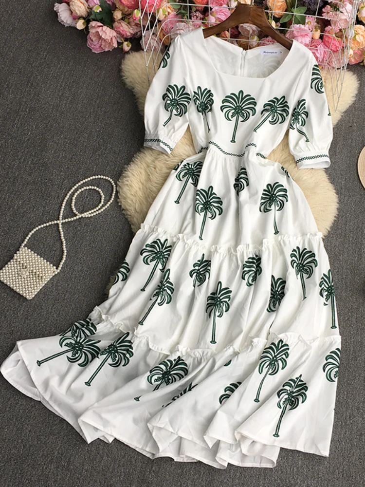 

LY VAREY LIN New Summer Print Long Dress Women Holiday Style Square Collar Puff Sleeve A-line Dress Lady Casual High Waist Dress