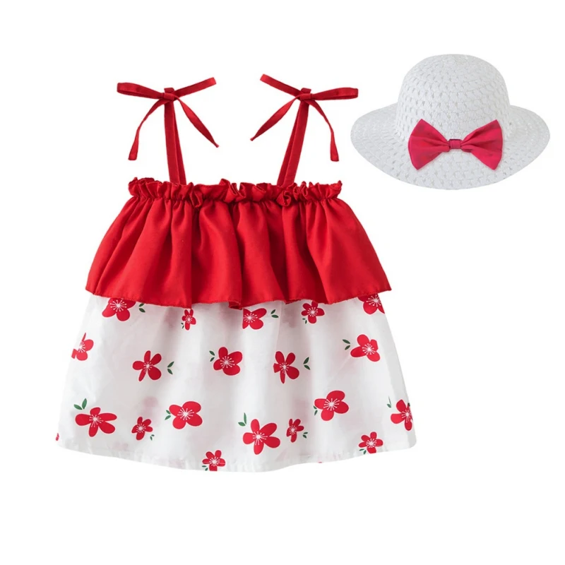 

Super Promotion 2pcs Summer Baby Girls Beach Princess Dress Cute Bow Flowers Sleeveless Cotton Toddler Dresses+Sunhat Set
