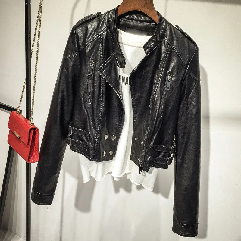Spring and autumn stand collar casual ultra-short leather clothes women slim fashion high waist motorcycle jacket small coat