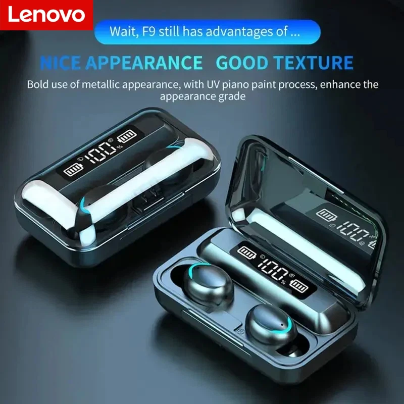 Фото Беспроводные Bluetooth-наушники Lenovo F9 — с зарядным кейсом большой емкости и цифровым дисплеем, игровые наушники с длительным временем автономной работы 2026 №1