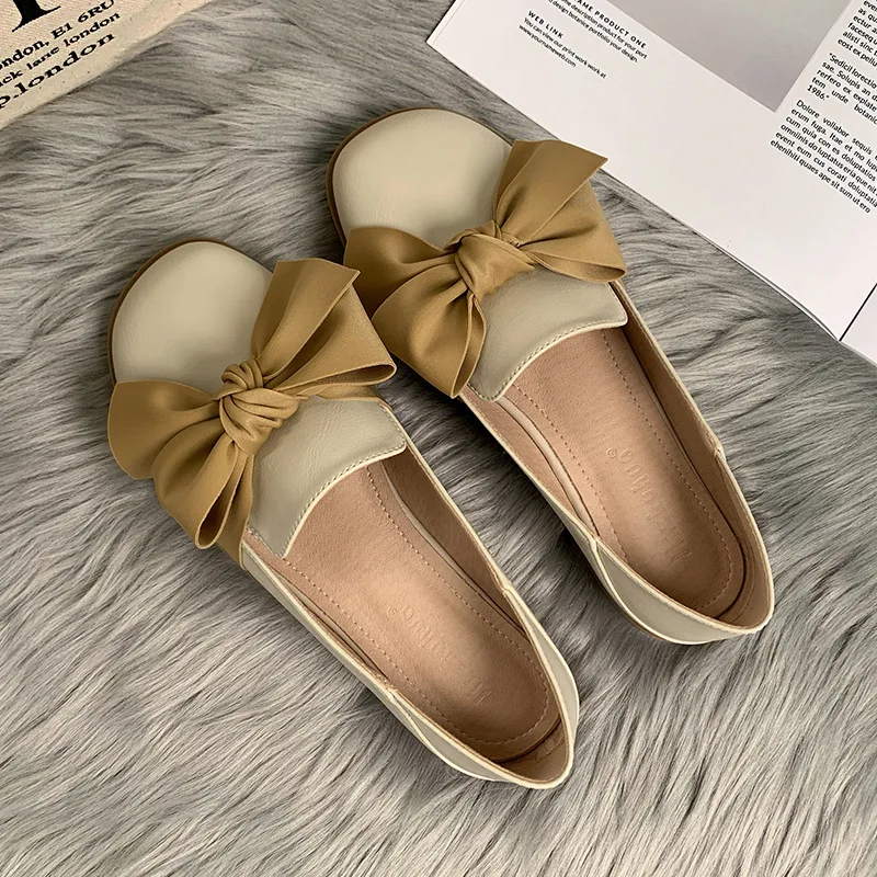 Mr Co Fashion Women Loafers Spring Autumn Slip On Round Toe Flat Single Shoes Ladies British Style Bowknot Leather Casual Shoes