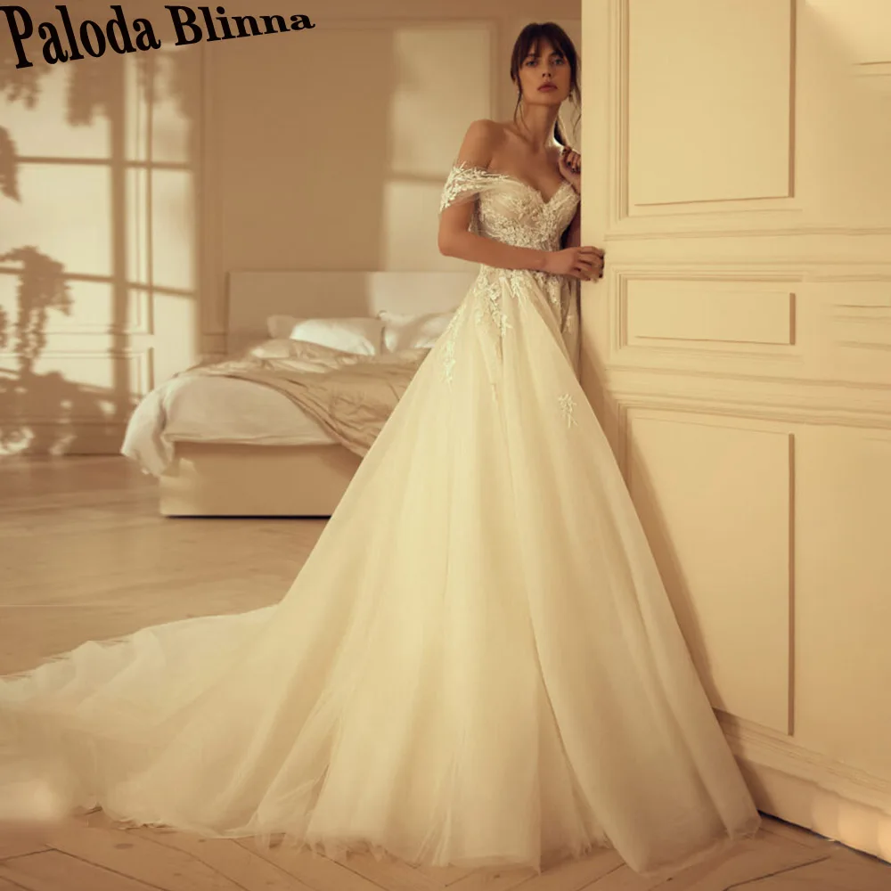 

Paloda Generous Off The Shoulder Wedding Dresses For Bride A-LINE Tulle Court Train V-Neck Pleat Appliques Vestido De Noiva 2023