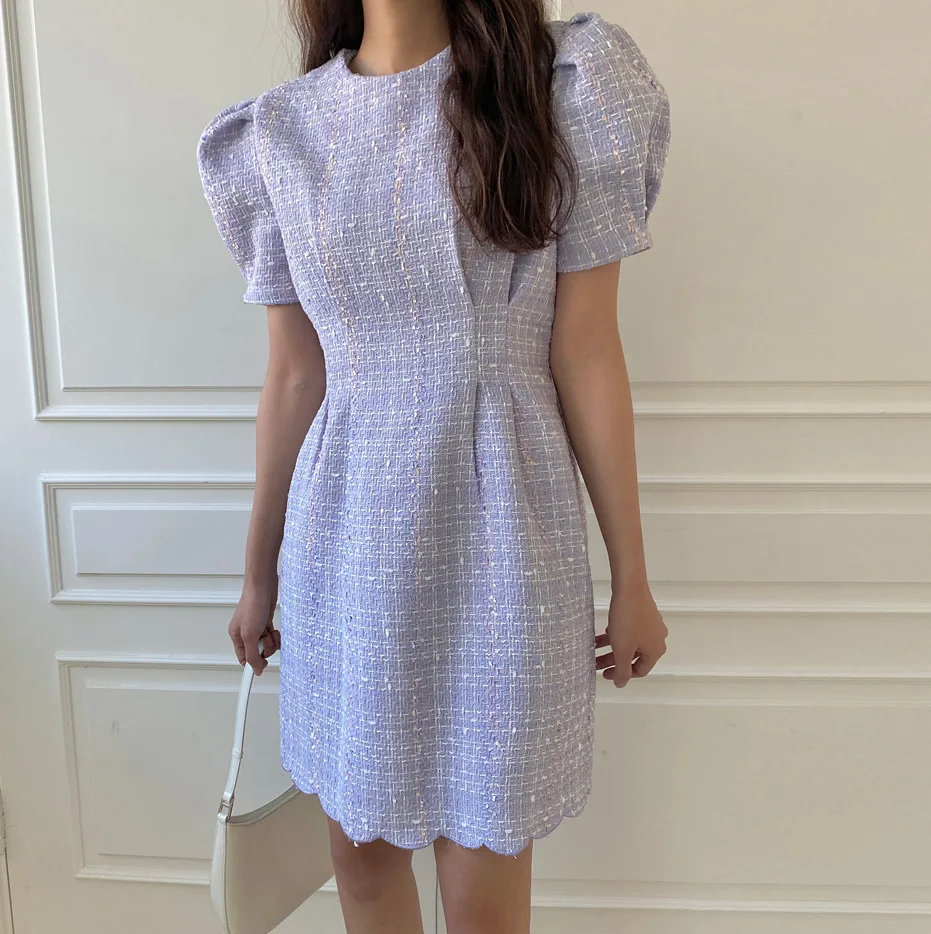 

Women Purple Small Fragrant Wind Tweed Dress Temperament Reap Wavy Show Thin Ruffle Short Sleeve Korea Chic Simple Dress Mujer