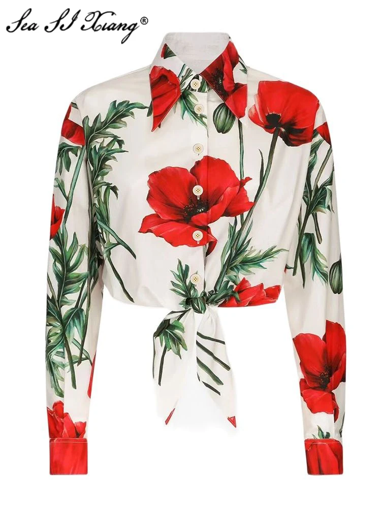 

Женская блузка с отложным воротником Seasixiang, дизайнерская хлопковая рубашка с длинным рукавом и цветочным принтом, весна-лето 100%