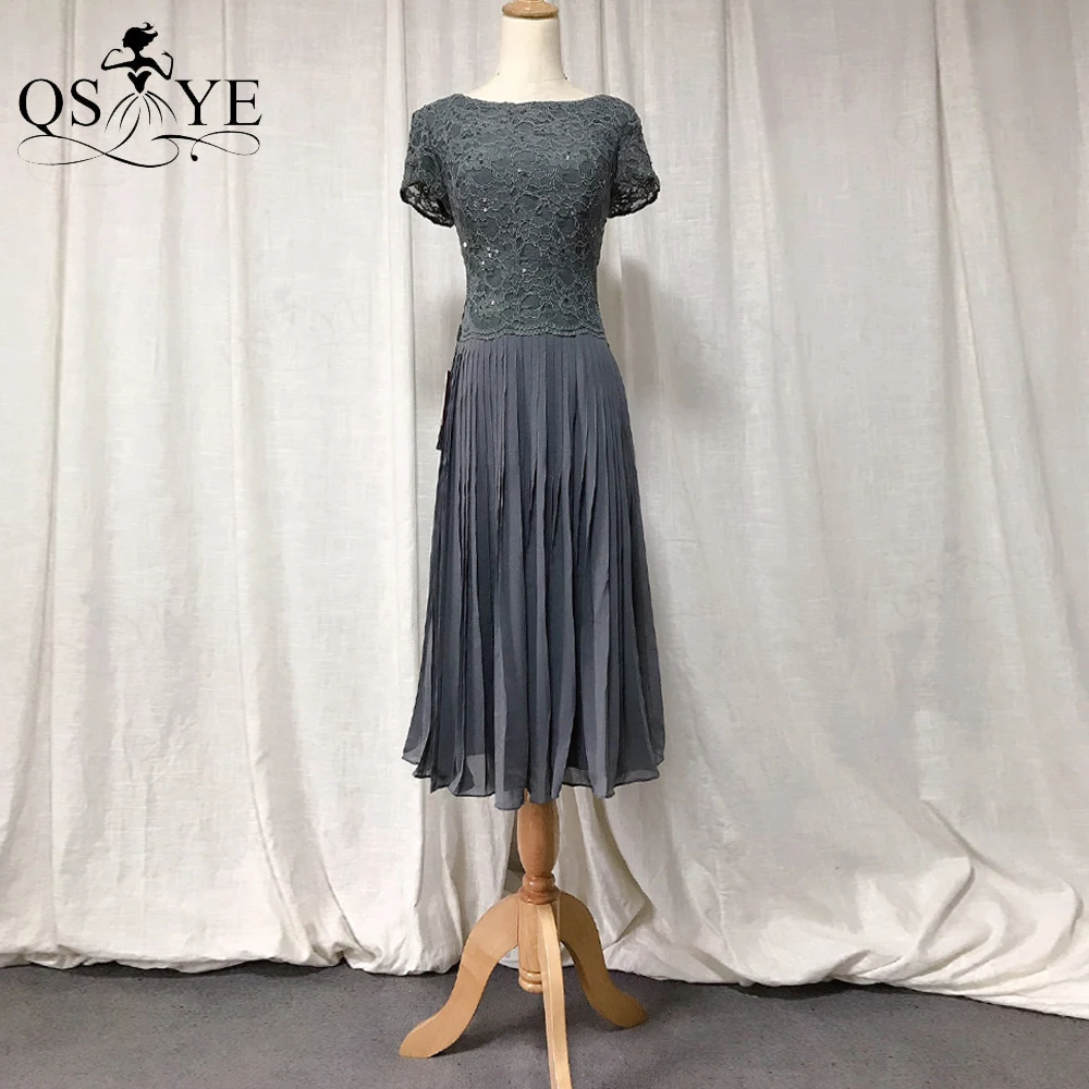 

QSYYE 2022 Grey Short Prom Dresses Cap Sleeves Lace Evening Gown Crumpled Skirt Mother Prom A Line Dress V Back Women Party Gown