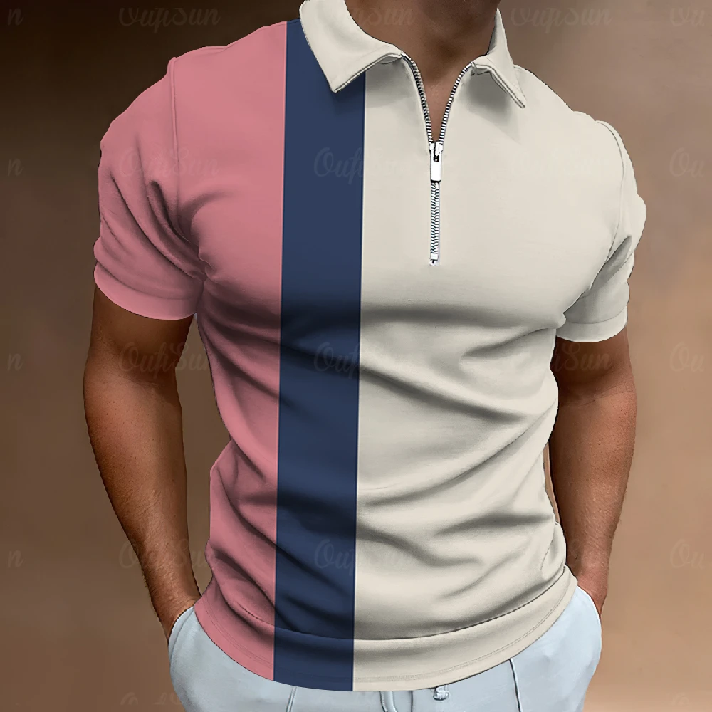 

Мужская рубашка-поло в полоску, с коротким рукавом, на молнии