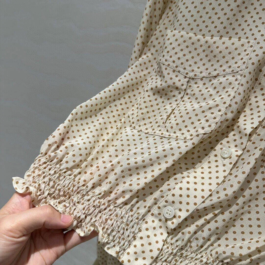 Женская шелковая рубашка в горошек милая блузка составного кроя с отложным