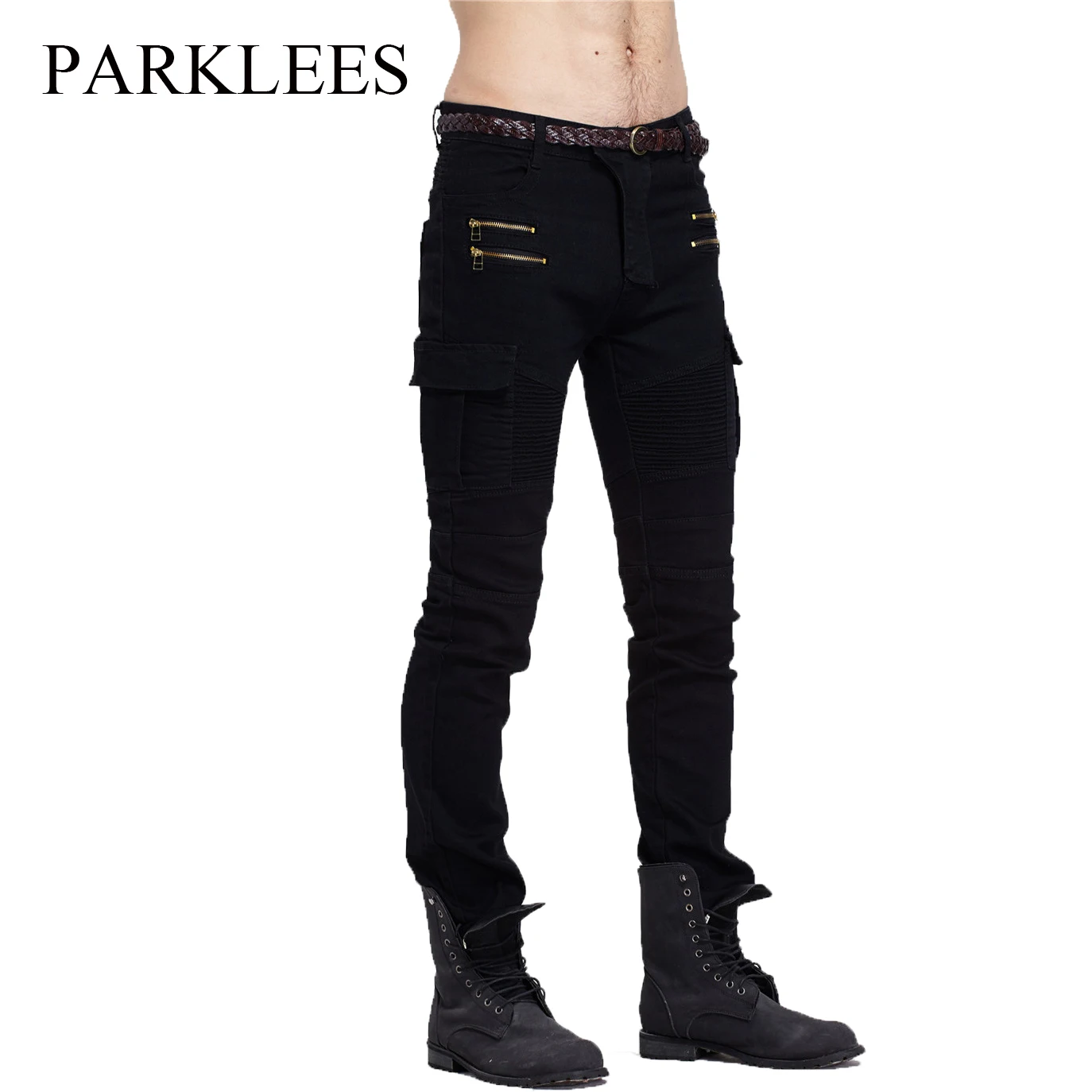 

Parklees Skinny Cotton Jeans for Men Autumn New Arrival Slim Zipper Pocket Trousers Hip Hop Fashion Punk Streetwear Denim Pants