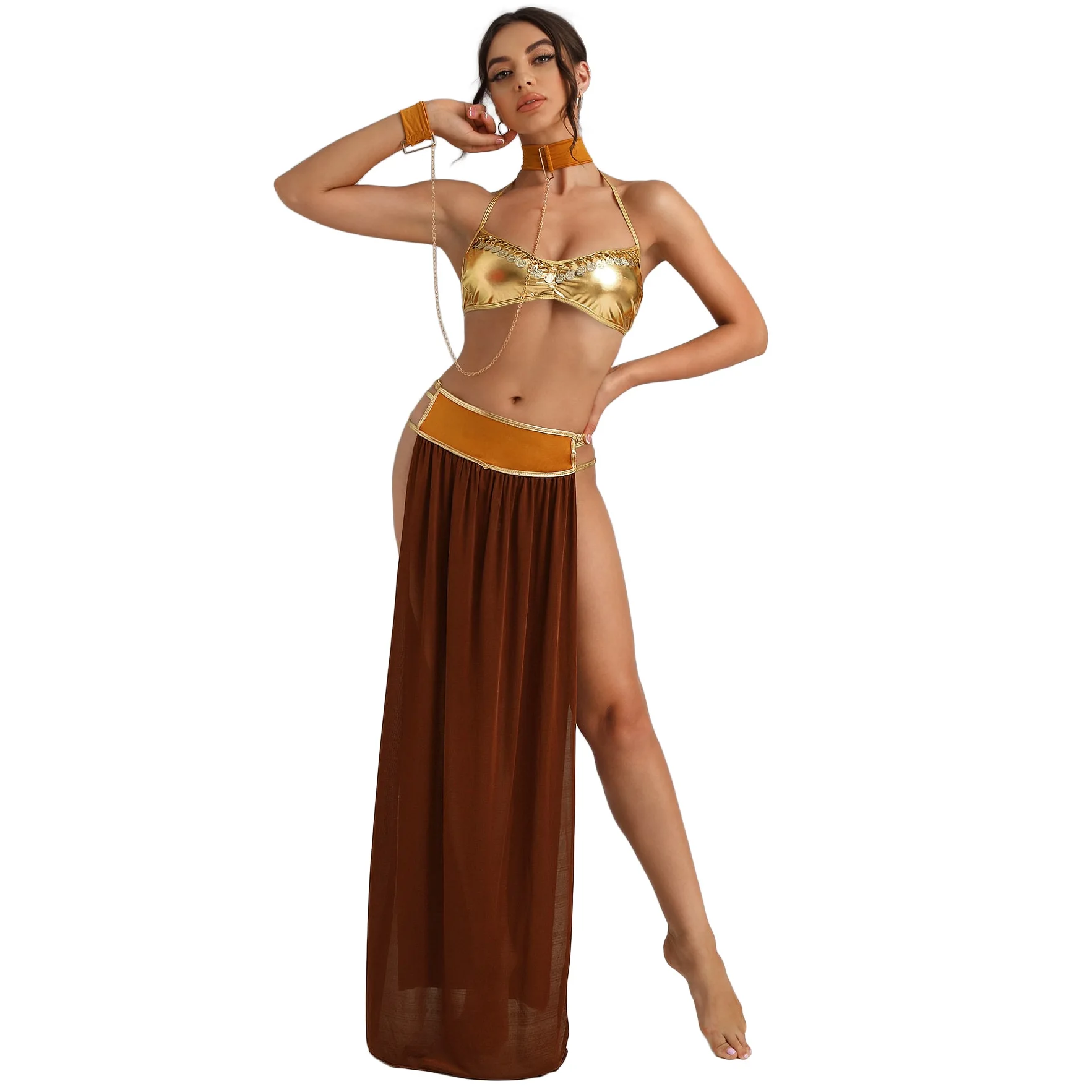 

3pcs Sexy Belly Dance Skirt Woman Princess Halloween Leia Slave Bra Patent Leather Halterneck Slit Long Mesh Dress Fancy Dress