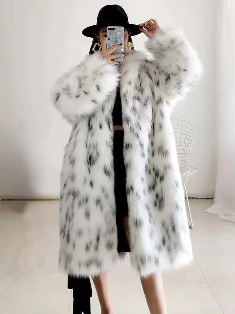 Luxury Fashion Fur Coats Women 2022 Winter Long Sleeve Print Warm Jacket White High Street Ladies Long Outerwear Long Sleeve Top