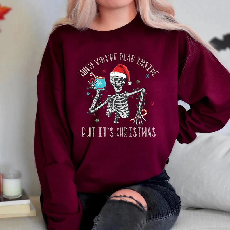 

Rheaclot When You'Re Dead Inside But It's Christmas Printing Women's Causal Cotton Long Sleeve SweatShirt