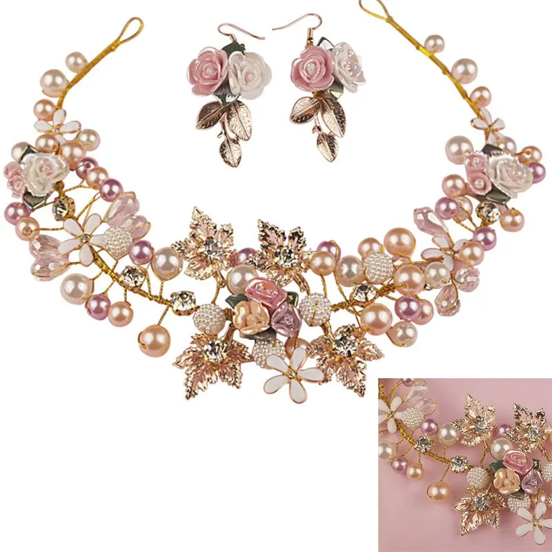 

1 Set Crystal Crown Floral Elegant Hair Ornaments Hairpin Earrings Wedding Headdress Simulated Pearl Hair Accessories For Bride