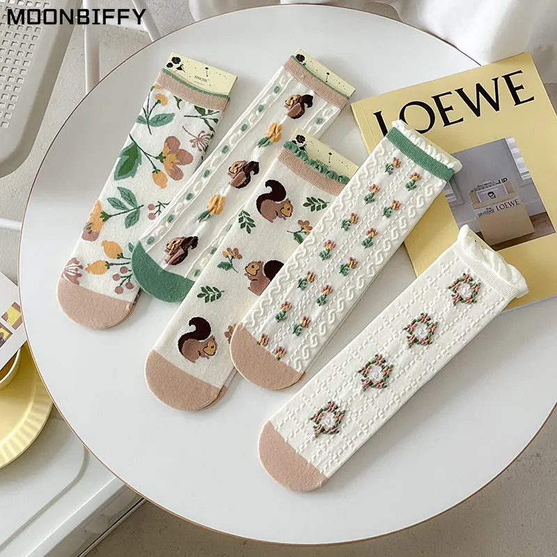 

Женские носки с цветами в японском стиле, Прямые хлопковые женские носки средней длины, милые носки со складками белки, женские носки