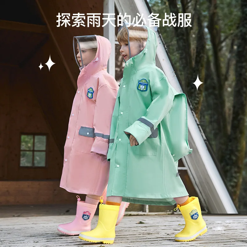 

Korean version of student children's raincoat with long brim and hidden backpack breathable waterproof reflective warning