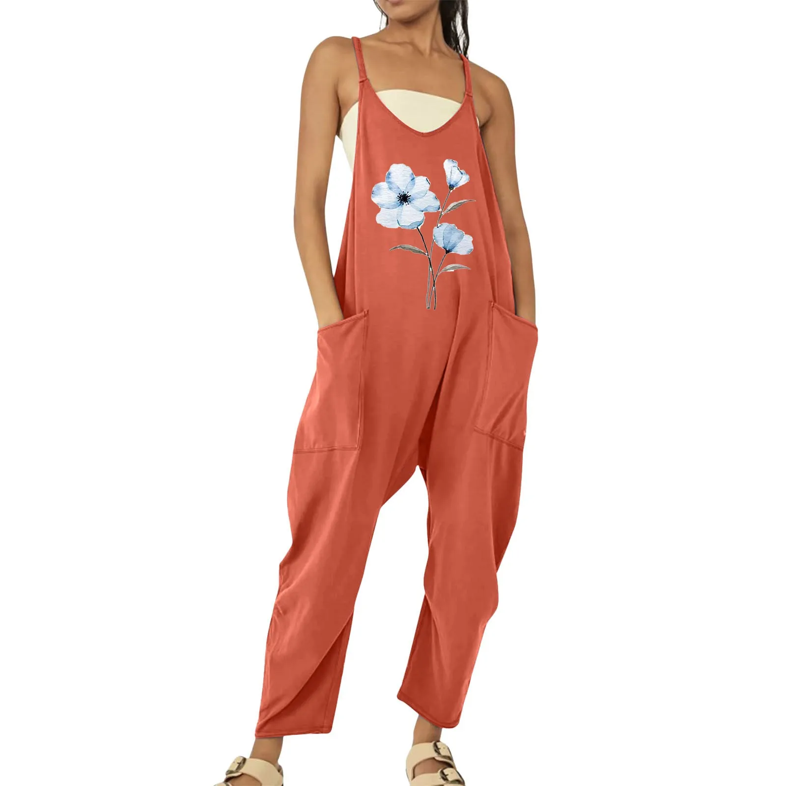 

Женский комбинезон на бретельках, повседневный слитный комбинезон с цветочным принтом, винтажный Свободный комбинезон без рукавов с широк...