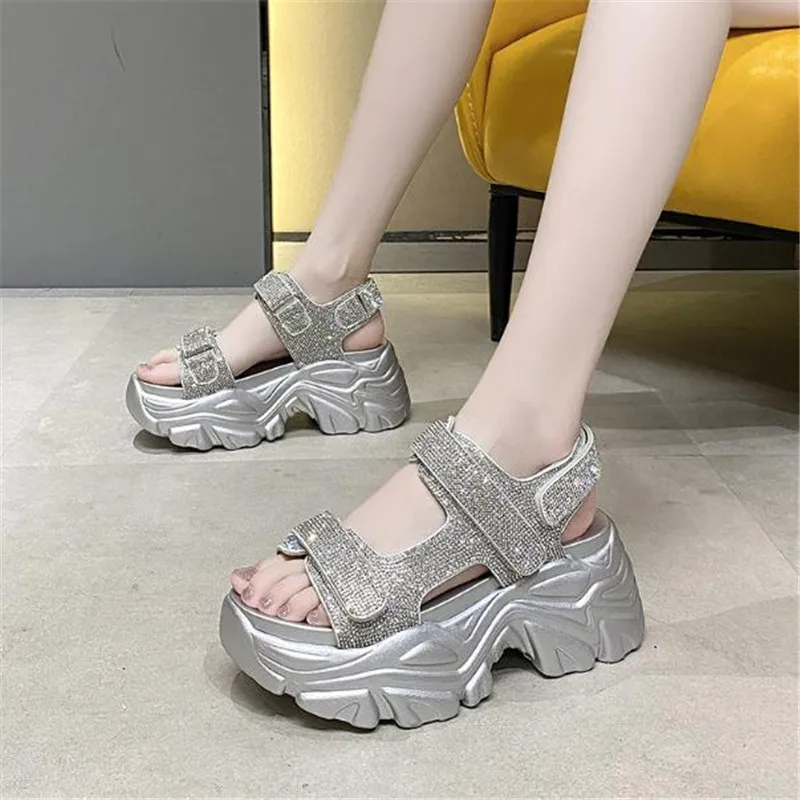 

Women Summer Wedge Sandals Still Drill Thick Bottoml Chunky Platform Shoes Woman Silver Thick Bottom Sandalias Zapatos