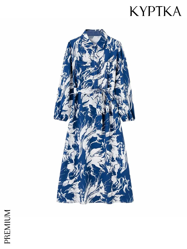 

KYPTKA Women Fashion With Belt Printed Midi Dress Vintage Long Sleeve Patch Pockets Female Dresses Vestidos Mujer