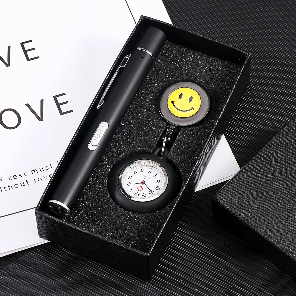 Nurse Watch for Women Hanging Pocket Watch Cute Smiling Clip-on Fob Brooch Quartz Clock with Led Pen Light Medical Gift Set