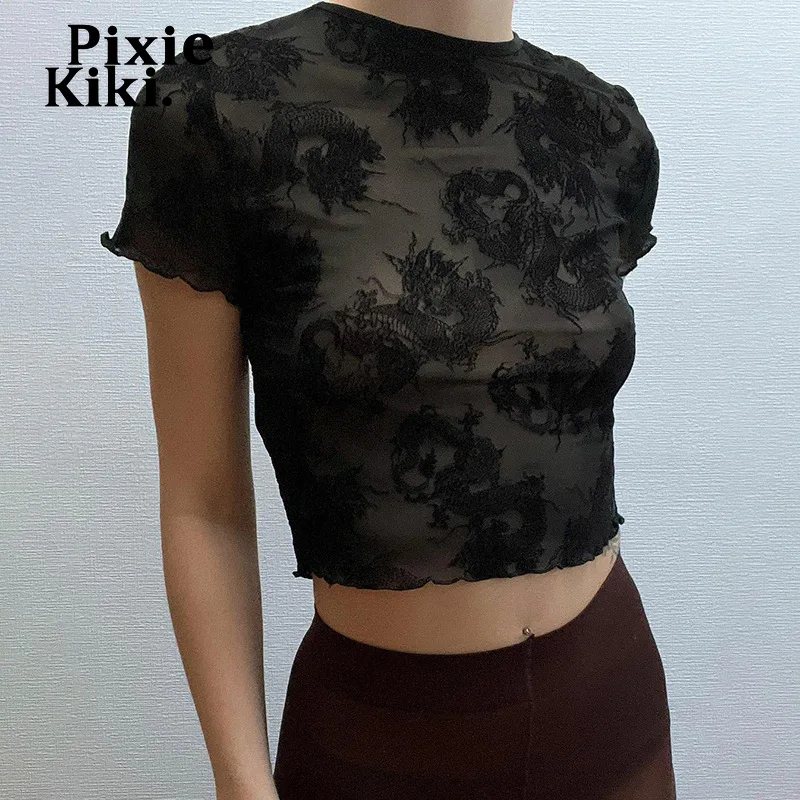 

Пиксики, дракон, сетка, прозрачный черный кроп-топ, сексуальный шикарный, прозрачный, новая одежда 2022, Женская фотография