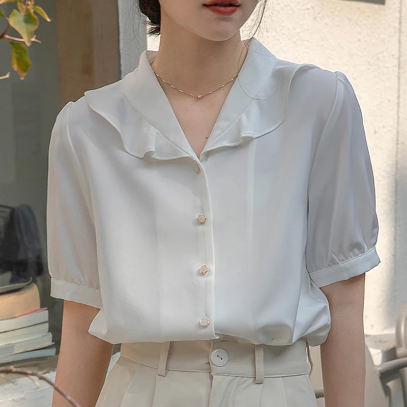 

Summer Women's Short Sleeved Ruffled Collar French Bubble Sleeved Solid Color Commuting Chiffon Shirt Tops Camisas Blouse C899
