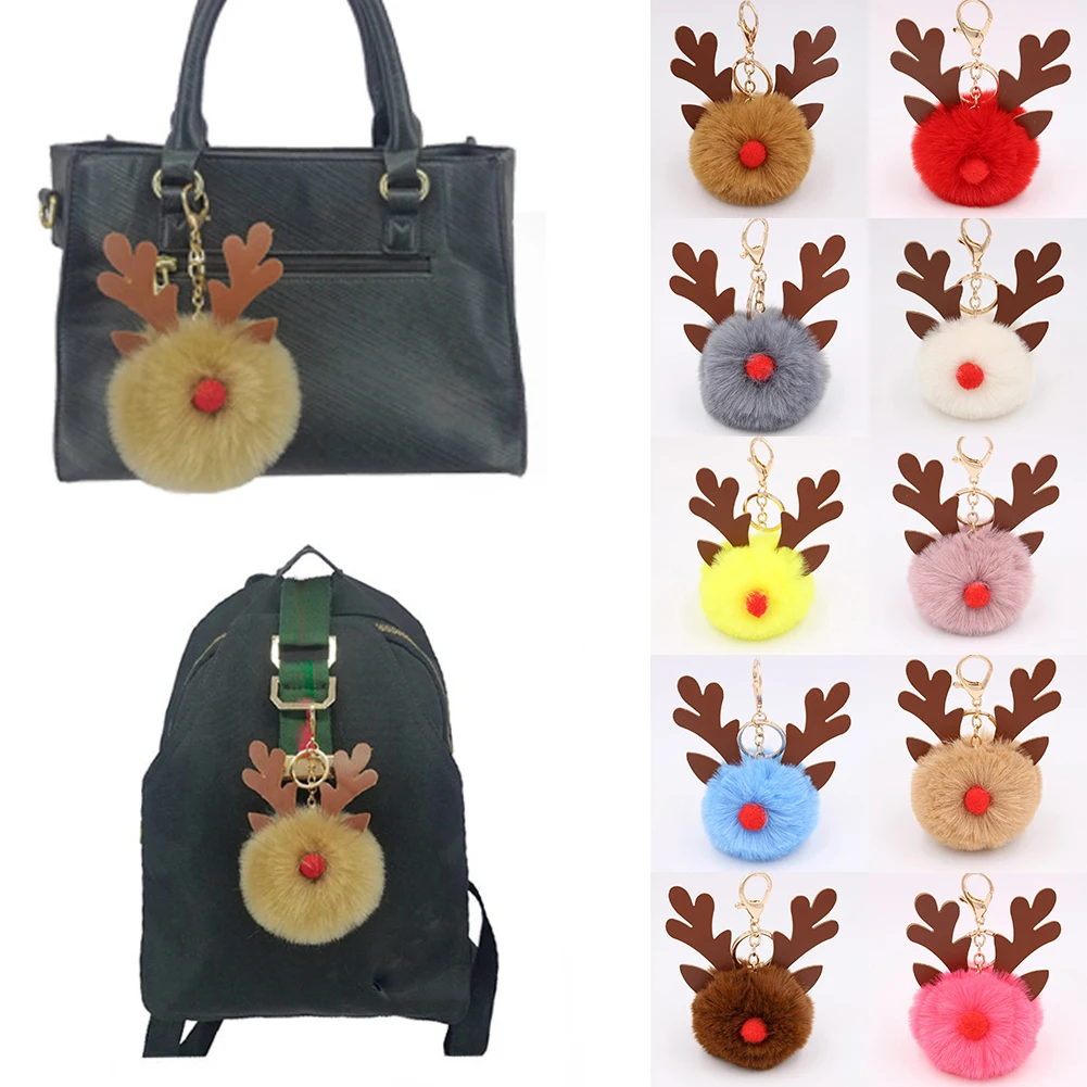 

New Christmas Elk Antler Fur Ball Keychains Cute Pendants Keyring Xmas Tree Ornaments Women Car Bag Accessories New Year Gifts