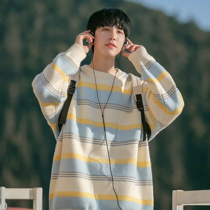 

High quality Striped Men's Autumn Winter Fashion Premium Round Neck Knitwear Loose Slouchy Pullover Sweater