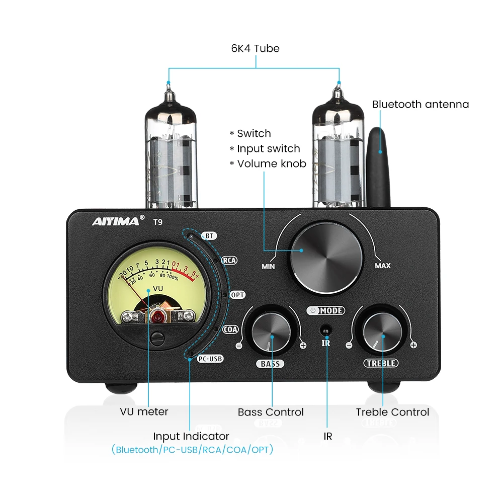 AIYIMA Audio T9 Bluetooth 5.0 Vacuum Tube Amplifier USB DAC Stereo Receiver COAX/OPT HiFi Home Audio Digital Amp w/VU Meter 100W