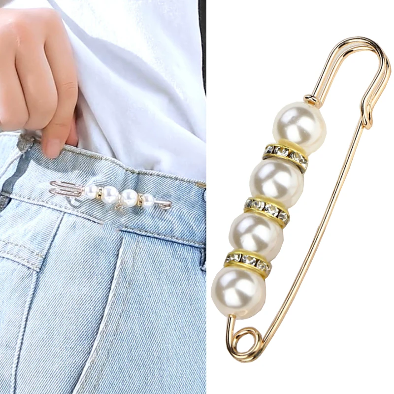 

New Waistband Pin Accessories Scarf Buckle Pearls Crystal Gold color Brooch Waist Tighting Clap Anti Exposed Safty Pins