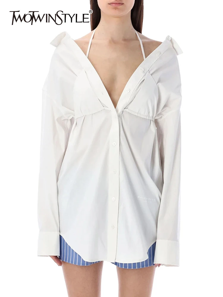 

TWOTWINSTYLE Solid Patchwork Single Breasted Casual Loose Blouses For Women Halter Long Sleeve Spliced Lace Up Chic Shirt Female