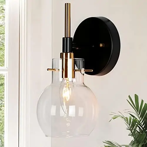 

Lighting, 1-Light Black and Gold Sconce with Clear Glass Shade, Modern Farmhouse Sconces in Antique Brass and Black Finish La