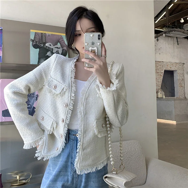 Женские твидовые короткие куртки с бахромой элегантные милые шикарные шерстяные