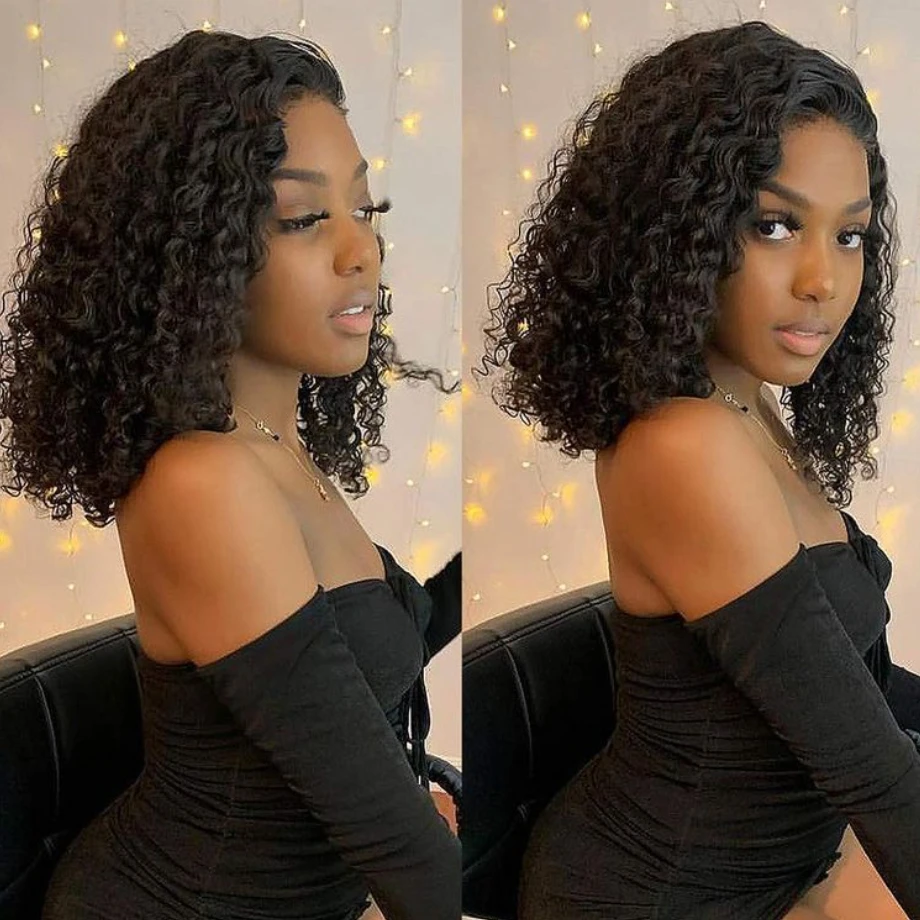 Short Bob Wig Brazilian 13X1 Lace Front Human Hair Wigs Water Wave Lace Closure Wig Pre Plucked  Deep Wave T Part Short Lace Wig
