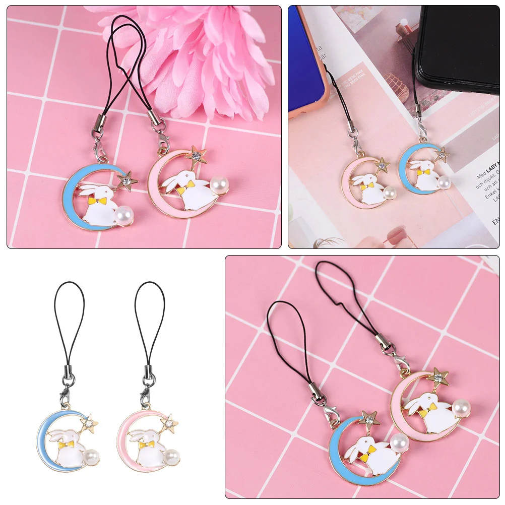 2 Pcs Key Chain Mobile Phone Cellphone Lanyard Strap Moon Star Bunny Charm Smartphones Alloy Student Lovers