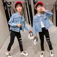 new kids denim jackets for girls baby cat pattern coats spring autumn fashion child kids outwear ripped jeans paillette jackets