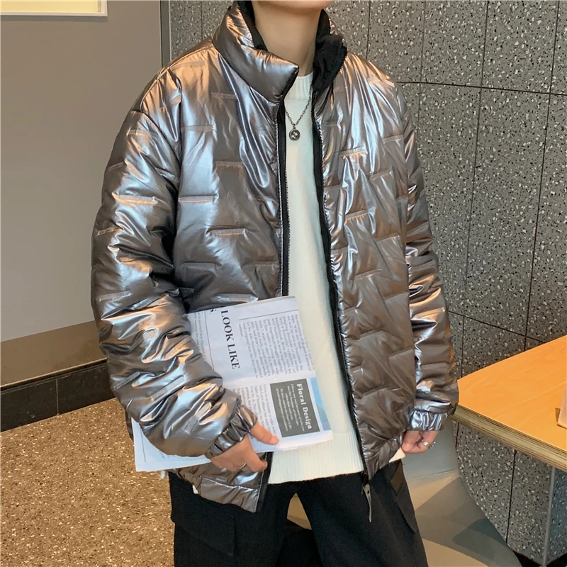 

Men's Cotton-padded Jacket Silver Glossy Zipper Stand Collar Thick Coat Outer Wear Windproof Handsome Boy Winter Male Clothes