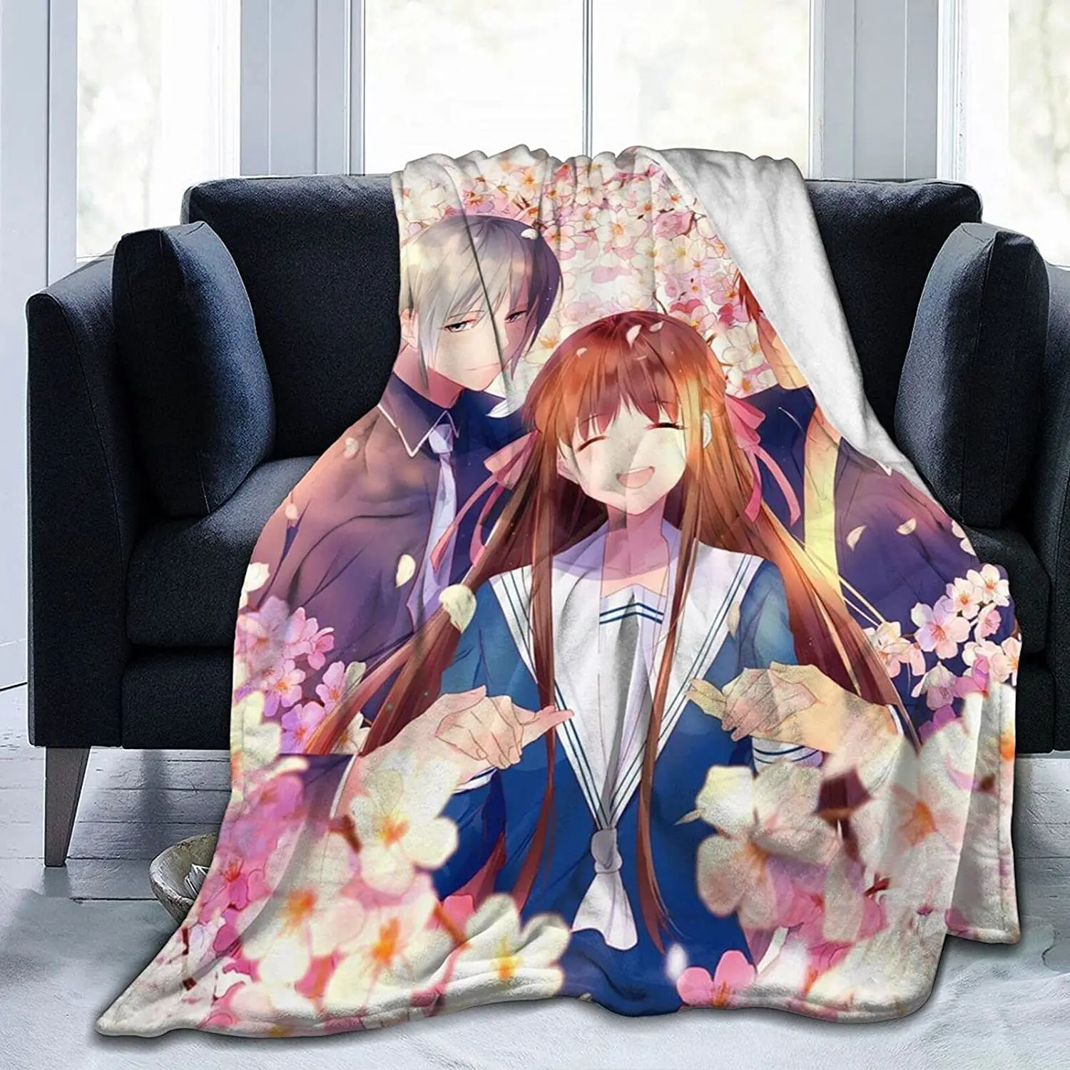 Fruits Basket Anime Flannel Fleece Blanket with Pompom Fring