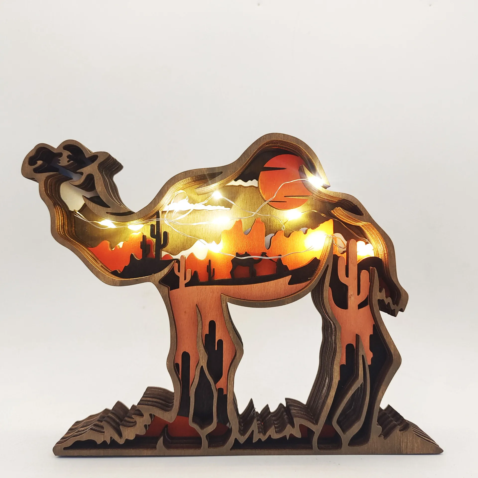 

Wooden Animal Decor Miniatures 3D Hollow Multi-Layer Forest Carving Crafts with Light Decorations Camel Rhino Figurines