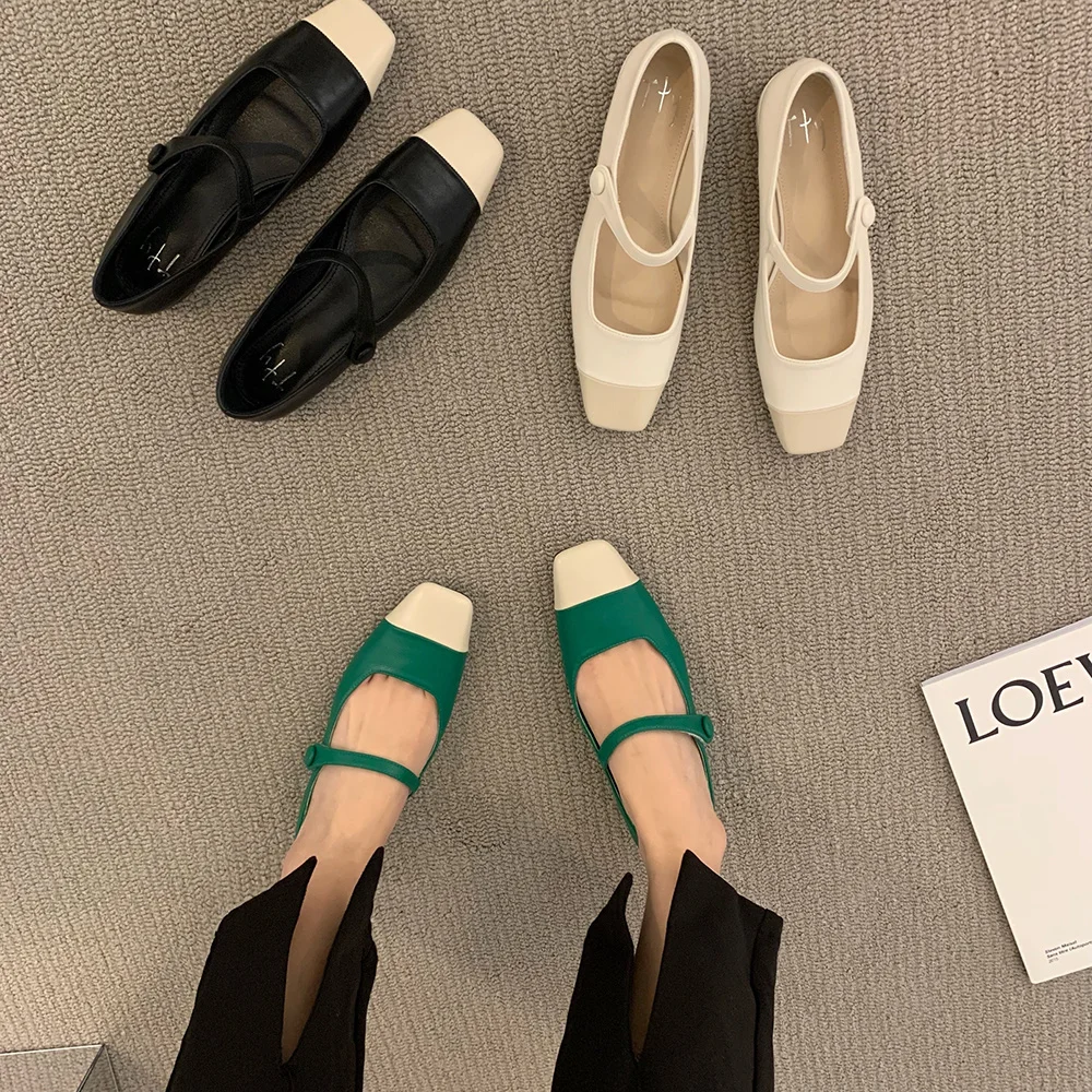 

Women's Shoes Single Shoes Mary Jane Square Toe 2022 New Spring and Autumn Low-heeled Temperament Color Matching Leather Shoes