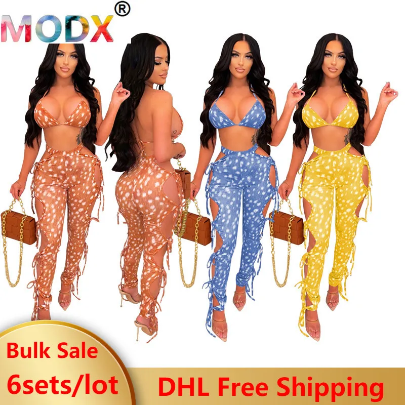 

Y2k Summer Beach Outfits Two Piece Set Women Clothes Printing Bra Bandage Leggings Vacation Clubwear Wholesale 6SETS 7058