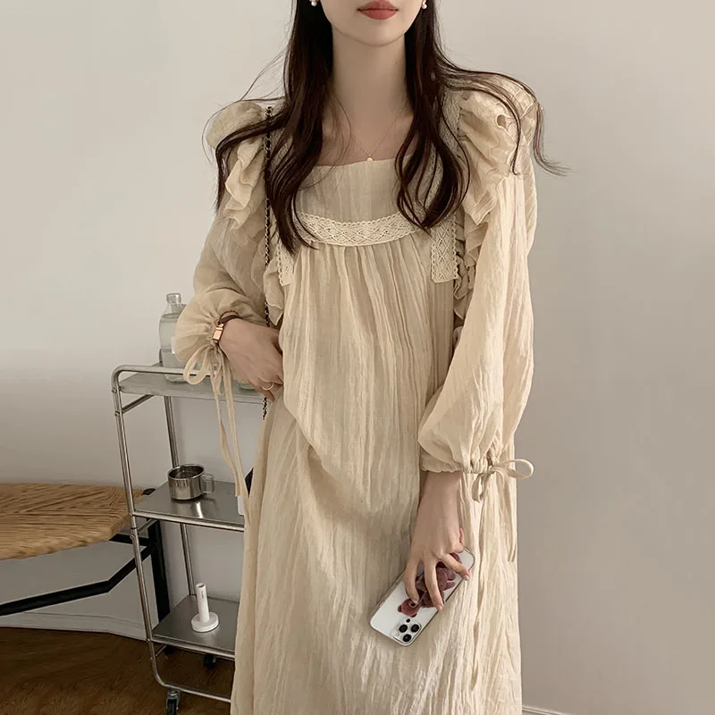

Clothland Women Elegant Lace Shirt Dress Ruffles Long Sleeve Square Collar Straight Female Chic Long Tops Vestido LA469