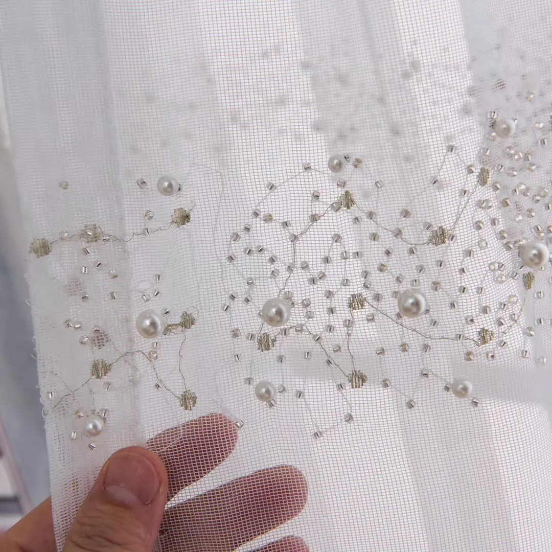 

White Pearl Embroidered Tulle Curtain For Living Room White Grey Organza Fabric Luxury Beads Balcony Window Tenda zh452C