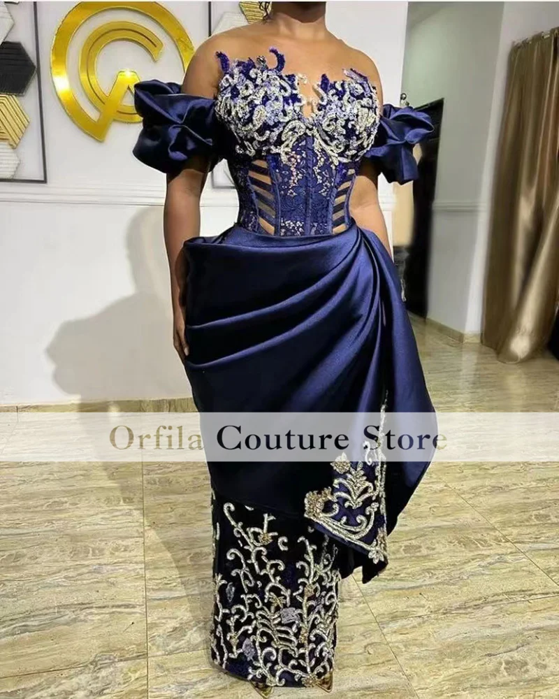 Aso Ebi, темно-синие вечерние платья с коротким рукавом, африканские платья-русалки для женщин, свадебное платье