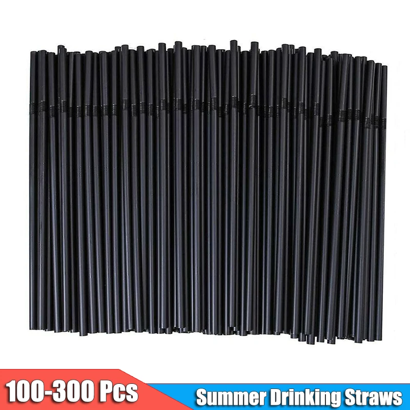 100-300Pcs Black Plastic Straws Drinking Disposable 21cm Long Flexible Cocktail Drink Straw For Kitchen Bar Beverage Accessories