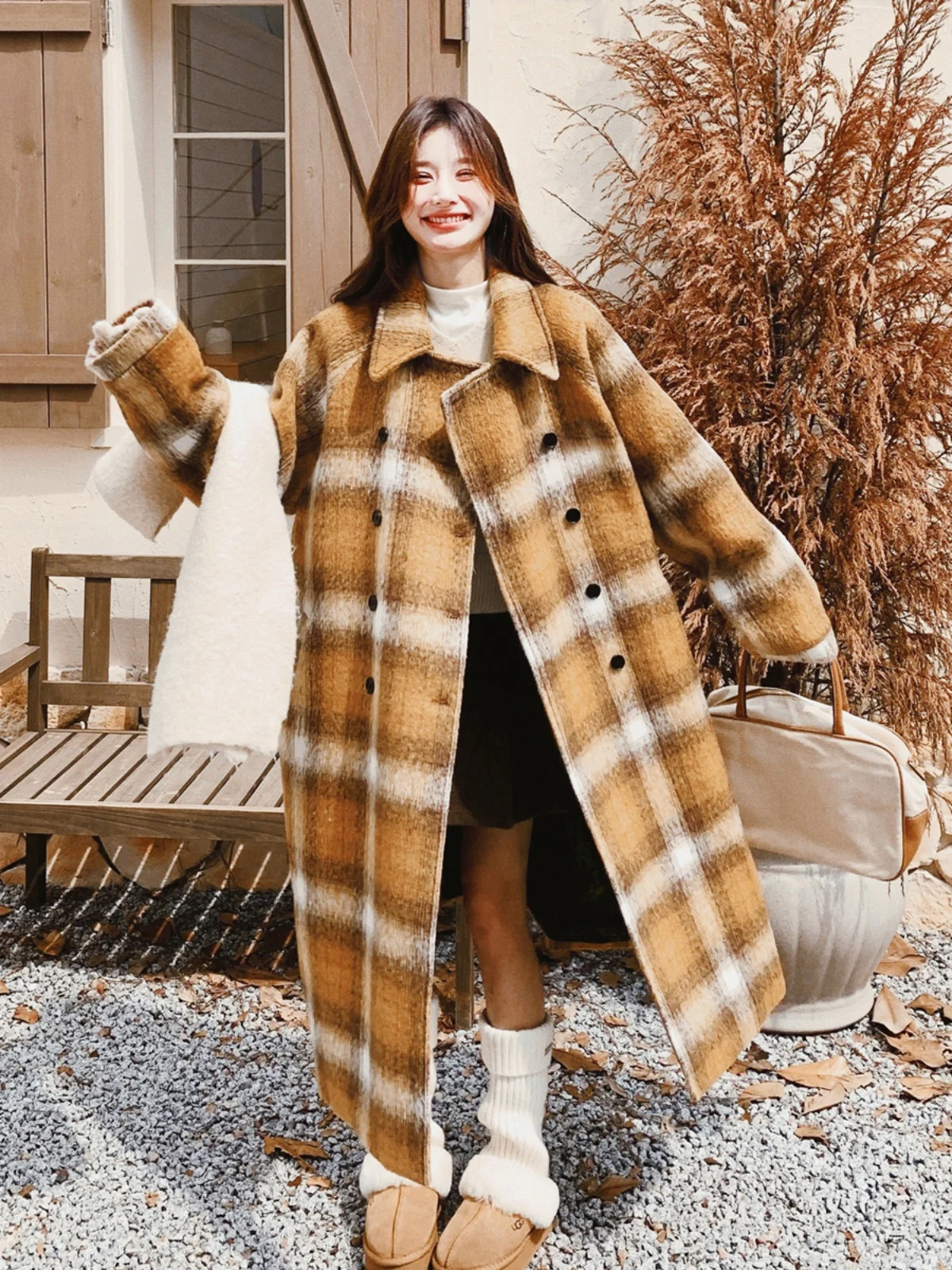 Yellow Plaid High-Grade Loose Woolen Coat Women 2024 Winter New Fashion Small Thickened Jacket