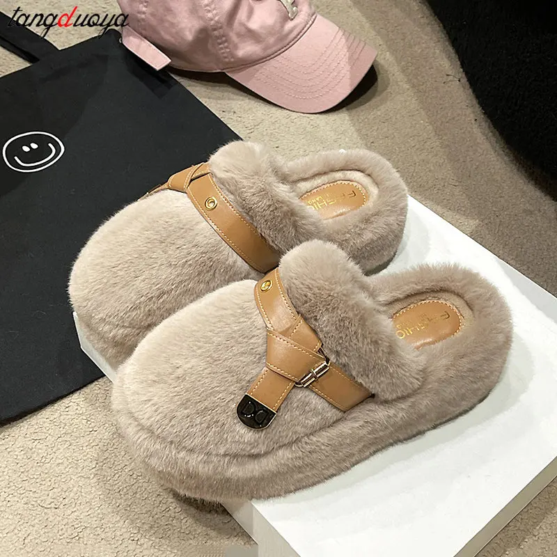 

Women Thicken Plush Fur Slippers Winter Slip on House Home Slippers Women Flat Platform Cozy Fuzzy Indoor Shoes Korean Slides