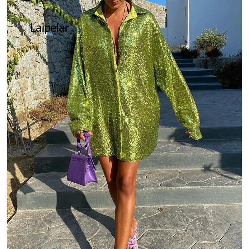 

Glitter Dress Long Sleeve Party Dresses Sequin Dress Women Solid Shirt Dress Green V Neck Mini Dress Club Fall Winter Dress